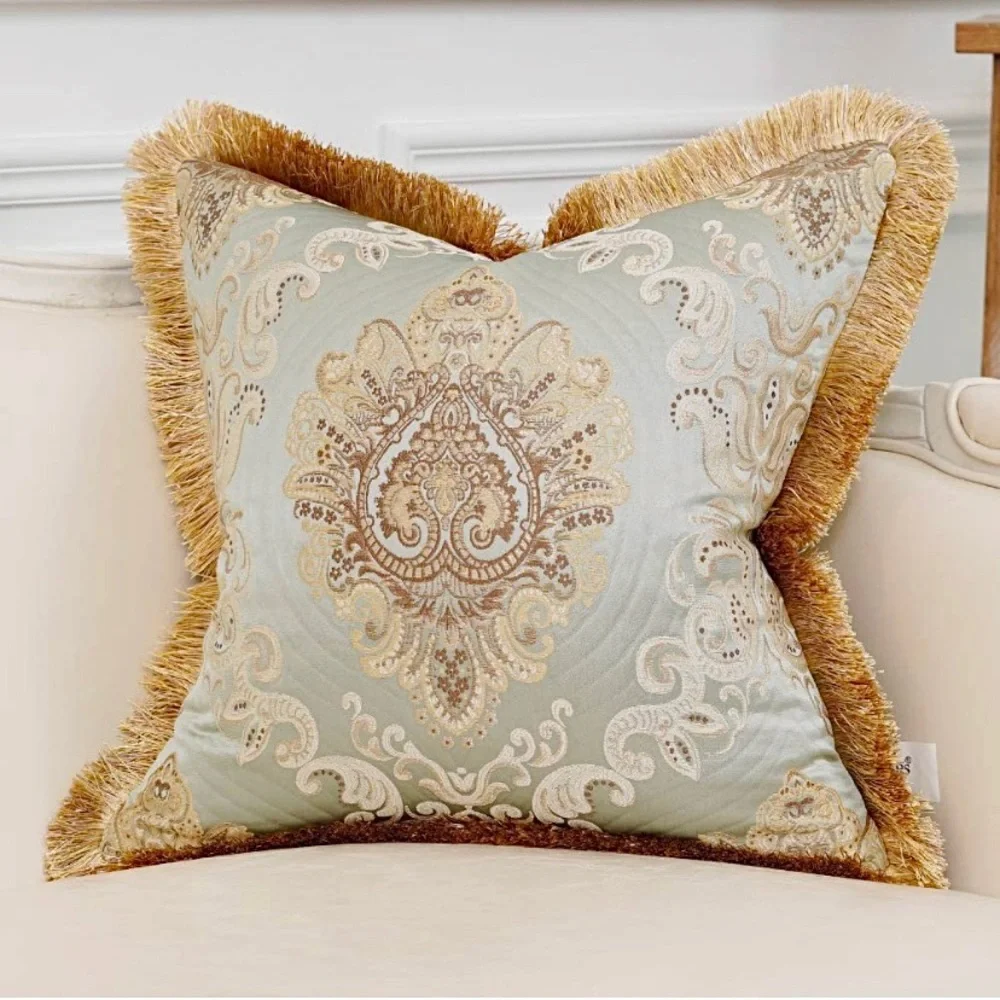 Luxury Home | Elegant Aqua & Gold Jaquard Embroidered Fringe Throw Pillow Cover